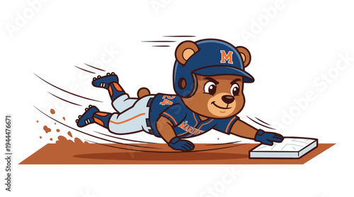 Cartoon bear baseball player sliding into base during game.
