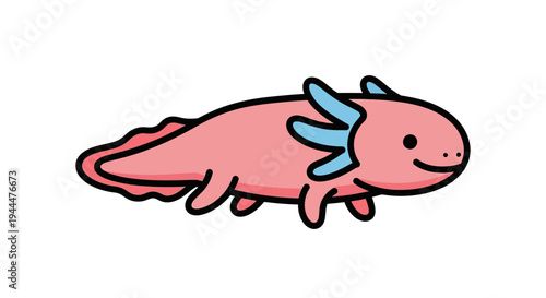 A smiling pink cartoon axolotl with blue gills swims in water.