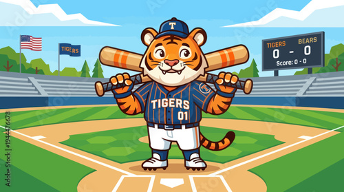 Photos Cartoon Tiger Baseball Player Mascot Holding Bat.