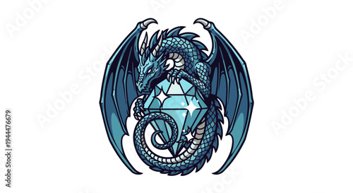 A majestic dragon fiercely guards a large crystal gemstone in its claws, showcasing powerful wings and sharp claws in a mythical scene.