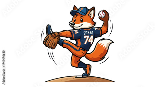 Cartoon fox baseball pitcher in uniform ready to throw a ball.