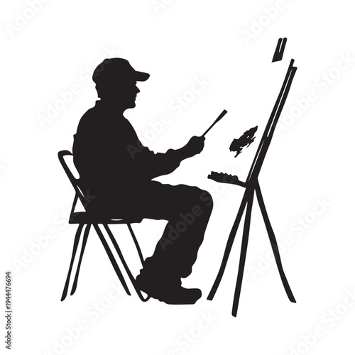 Silhouette of an male artist painting a canvas on an easel. vector illustration