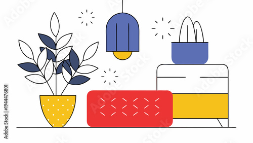 Smart speaker, a modern red device, is prominently displayed alongside a potted plant and a stylish ceiling lamp, illustrating contemporary home technology and interior design.