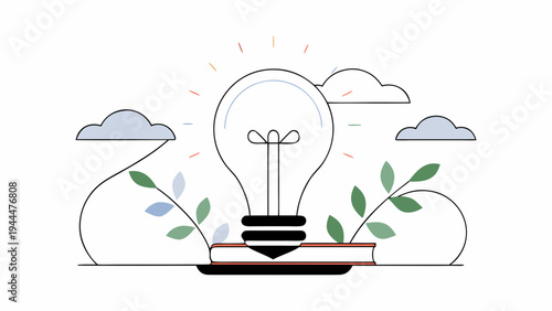 A stylized outline of a light bulb, representing ideas and innovation, rests upon a brown book, symbolizing knowledge and learning, flanked by two leafy green branches against a clean white.