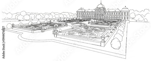 Ornate palace facade overlooking geometric gardens and manicured trees