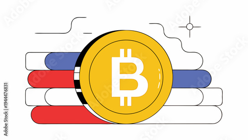 Bitcoin currency symbol, represented by a golden coin, rests atop a stack of red, white, and blue bars, conceptualizing global finance and digital economic trends.
