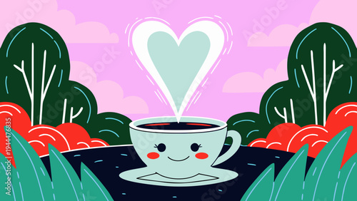 Cartoon coffee cup with a happy face emits heart-shaped steam against a stylized landscape of trees and a pink sky, symbolizing warmth and love.