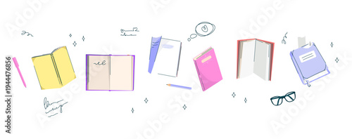 Hand drawn notebook and journal doodle set with colorful books stationery glasses pen and study elements in playful sketch style for education school notes journaling stationery branding .Vector