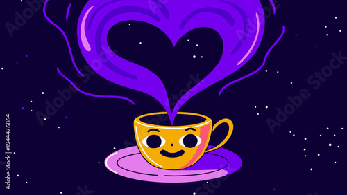 Cute coffee cup with a happy face emits vibrant purple steam shaped like a heart, symbolizing warmth and affection in a whimsical night sky setting.