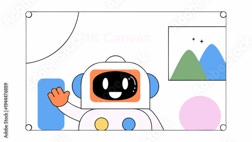 A friendly cartoon robot with a bright screen face is depicted within a digital canvas, holding a blue shape and presenting design elements, symbolizing creative collaboration or software.