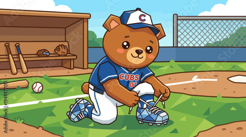 Cute Cartoon Bear Tying Shoelaces on Baseball Field.