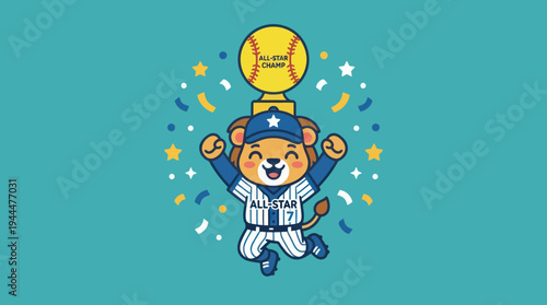 Cute Cartoon Lion Baseball Player Celebrating Victory with a Golden Trophy.