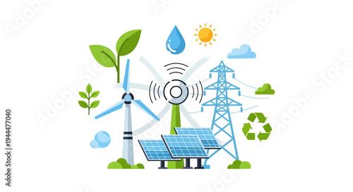 Eco-Friendly Renewable Energy Network: Solar, Wind Power, and Sustainable Technology Grid Illustration
