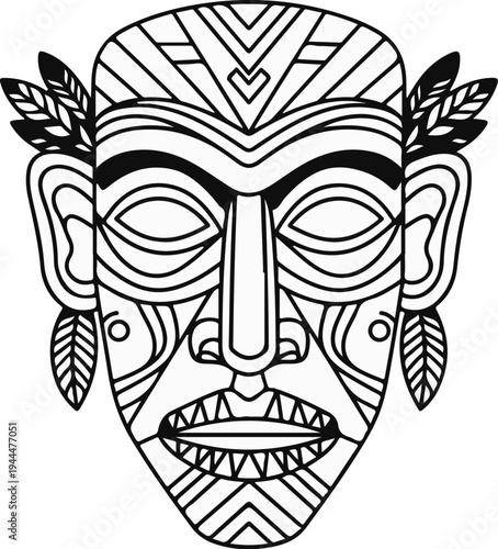 Ornate tribal mask with decorative lines, sharp teeth, and feathered accents