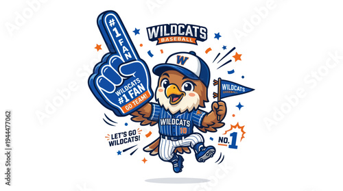 Cute Cartoon Owl Mascot in Baseball Uniform with Foam Finger and Pennant.