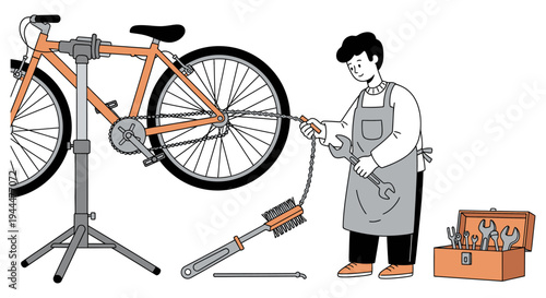 Mechanic Cleaning Bicycle Chain on Repair Stand. Bike Maintenance, Service, and Repair Illustration.