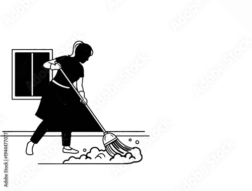 A person is sweeping the floor with a mop next to a window