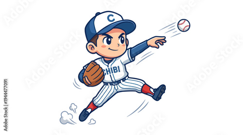 Dynamic Chibi Baseball Player Throwing Ball with Intense Focus.