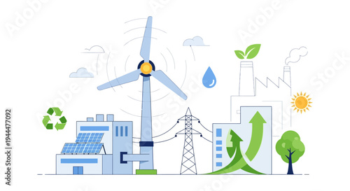 Green Energy & Sustainable Development Ecosystem. Renewable Power Sources, Eco-Friendly Industry, Recycling & Environmental Progress.