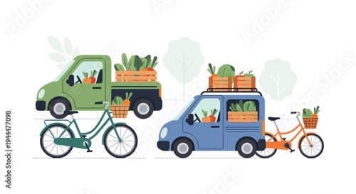 Organic Farm Fresh Produce Delivery. Sustainable Transportation of Fruits and Vegetables by Pickup Truck, Van, and Bicycles. Vector Illustration.