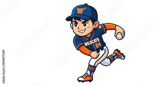 Dynamic Cartoon Baseball Player Pitching with Determination.
