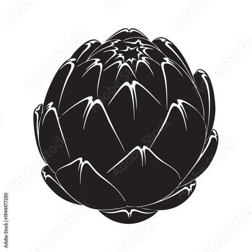 Dark silhouette of a whole artichoke with visible layered leaves and a star-shaped top, representing exotic vegetables and healthy Mediterranean cuisine