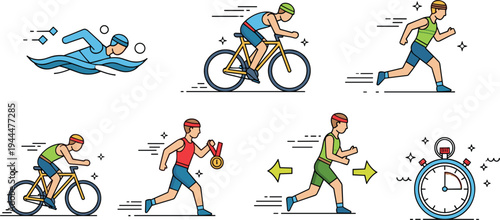 Triathlon sports activities set swimming cycling running athlete training competition cartoon flat vector illustration collection