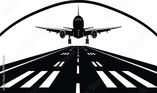 Black and white airplane landing on runway with markings silhouette