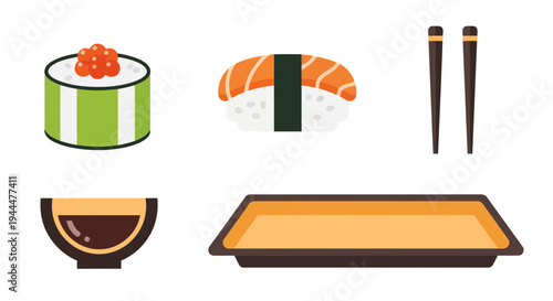 A traditional Japanese sushi meal setup with sushi rolls on a plate and chopsticks alongside a bowl of soy sauce on a table indoors.