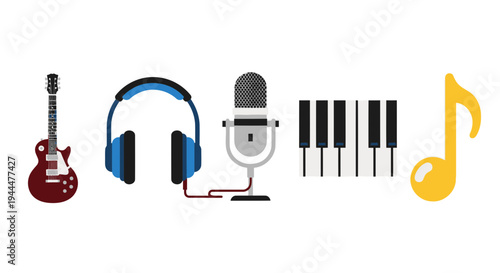 Music equipment and symbols arranged on a table for a recording session with a guitar, headphones, microphone, piano keys, and musical note.