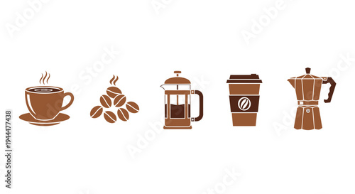 A collection of coffee related items including a cup on a saucer with steam rising, coffee beans, a French press, a disposable cup, and an espresso maker on a white background.