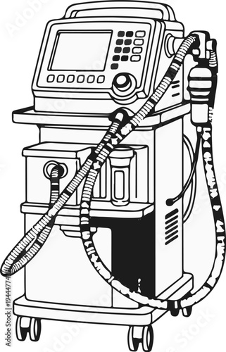 Medical ventilator machine with display, control buttons, and flexible tubes