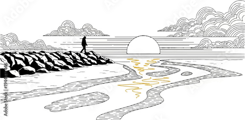 Lone figure walks along rocky shore at sunset over water with golden reflections