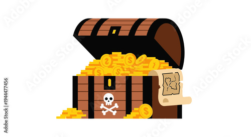 A pirate's treasure chest overflows with gold coins and jewels on a mysterious island at sunset.