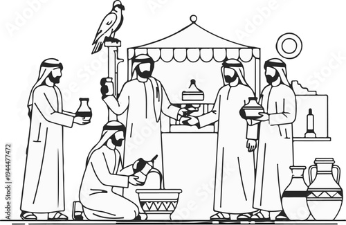 Men in traditional attire interact near a tent, holding jugs and a falcon
