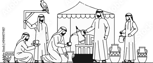 Men in traditional attire sharing coffee and observing a bird of prey