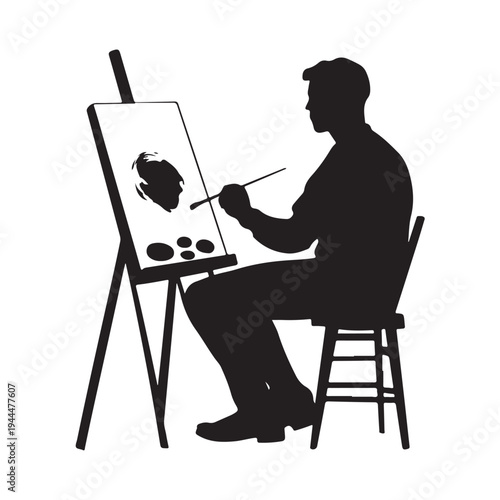 Silhouette of an male artist painting a canvas on an easel. vector illustration