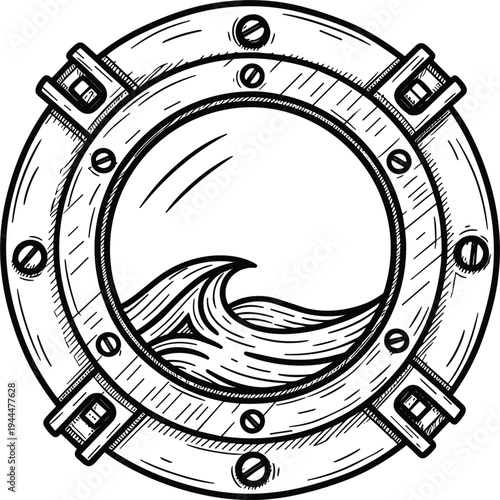 Vintage nautical ship porthole window with ocean wave view hand drawn engraving style marine illustration for maritime travel, sailing, sea adventure design