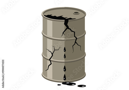 Cracked industrial oil barrel with leaking black liquid on white background