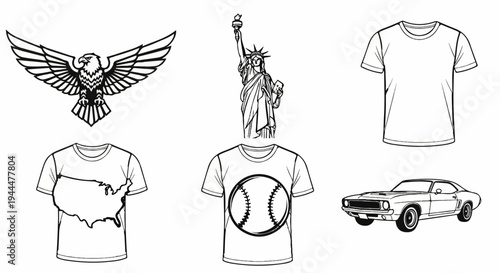 Outline graphics of an eagle, Statue of Liberty, t-shirts, and a classic car
