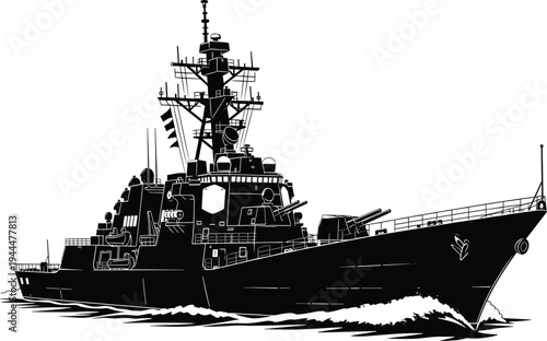Black warship with guns and radar on water boat naval