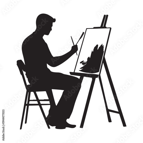 Silhouette of an male artist painting a canvas on an easel. vector illustration