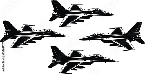 Four black fighter jets flying in formation on white background aircraft military