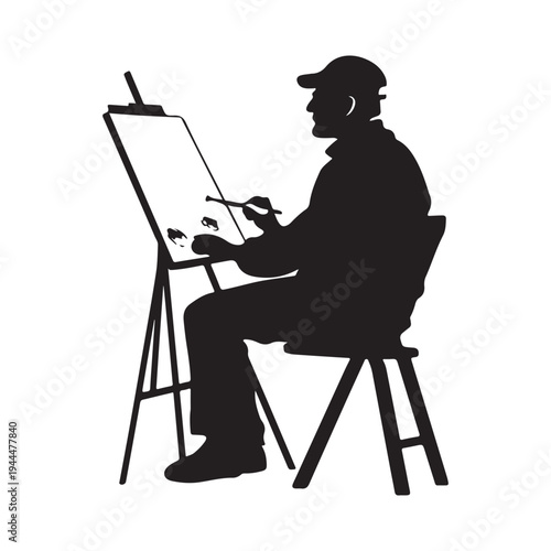 Silhouette of an male artist painting a canvas on an easel. vector illustration