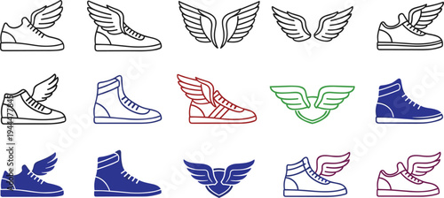 Winged Sneakers and Flying Shoe Icon Vector Set with Angel Wings, Sport Shoes, and Creative Footwear Logo Illustration Collection