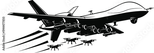 Large airplane with drone escorts flying in formation aircraft flight