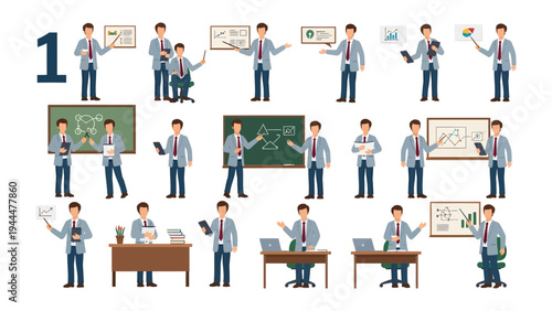 Presentation Pro: Dynamic illustration of a professional in various presentation poses, showcasing versatility and engagement in a corporate setting.