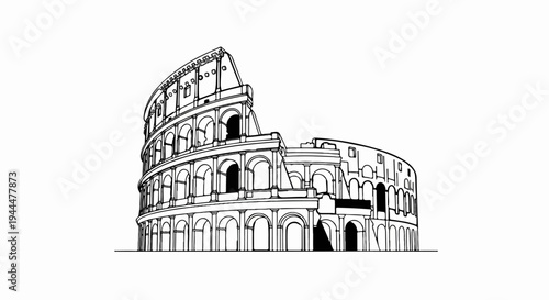 Minimalist black and white line art of a historical Roman amphitheater