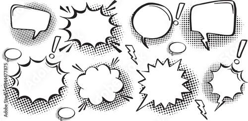 Empty Comic Speech Bubbles Vector. Hand-Drawn Retro Stickers. Pop Art Halftone Shadows. Cartoon Bubble Clipart for Fun Graphic Design