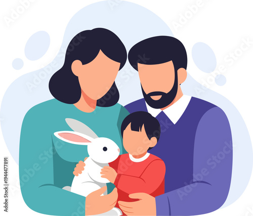 Family Rabbit Flat Vector Illustration with Parents and Child Holding Bunny